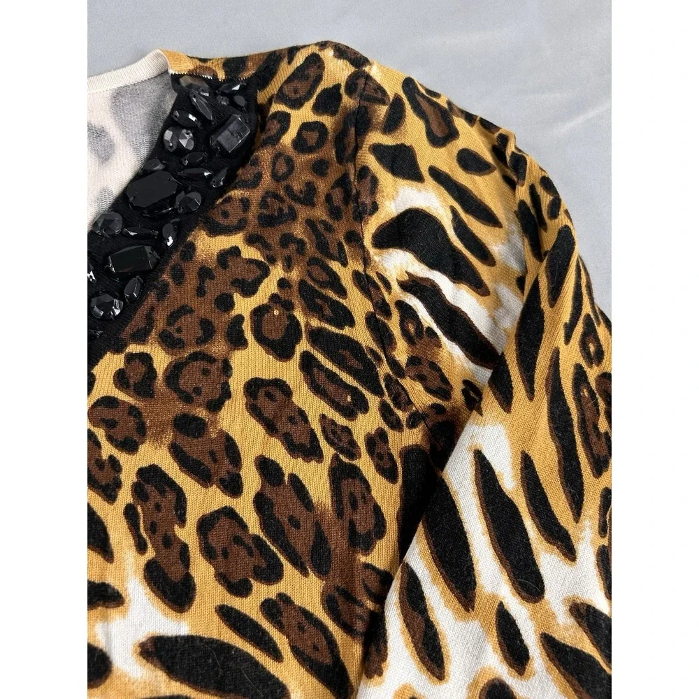 Belldini‎ Womens XL Leopard Print Top Beaded V Neck 3/4 Sleeve Stretch Knit